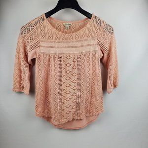 Lucky Brand Women Blouse Tunic Top 3/4 Sleeve Lace Crochet Pullover Pink Size XS